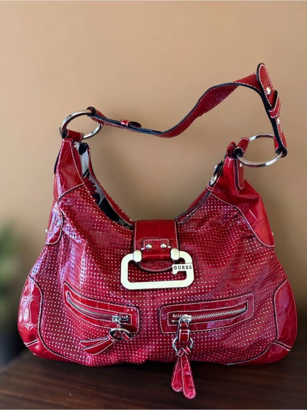 Y2K Guess Red Patent Shoulder Bag with Silver Hardware